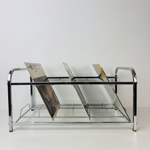 Porta LP/porta dischi cromato vintage Art Déco di metà secolo