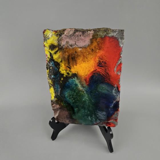 Image 1 of Targa murale antica della Germania Ovest in pietra lavica, realizzata da Vulkan Keramik / Ostara Fliesen. Colori: rosso, arancio