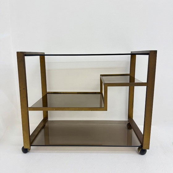 Image 1 of Barwagen aus Messing mit Rauchglas aus der Mitte des 20. Jahrhunderts, 1970er Jahre