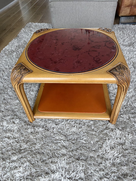 Image 1 of Tavolino da caffè vintage art déco in vetro, velluto e pelle