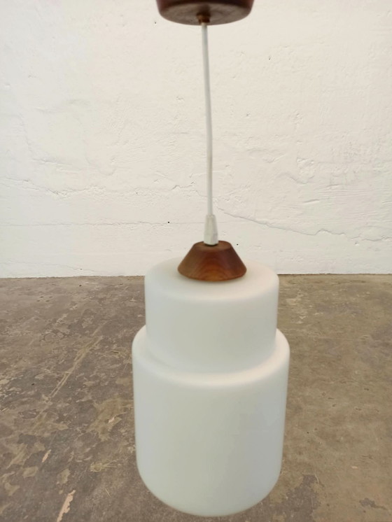 Vintage opaline glass and wood pendant lamp, Brown (photo 2 of 14)
