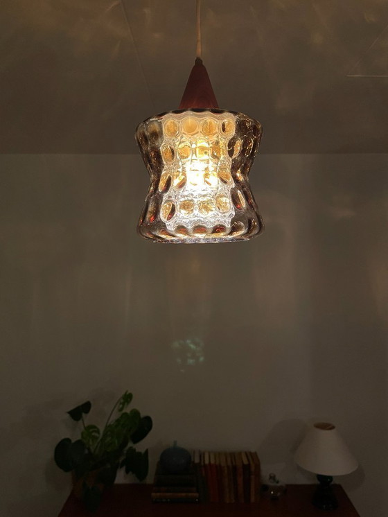 Image 1 of Orrefors by Carl Fagerlund, 1960s, Cozy Mid-Century Scandinavian Pendant in Amber Glass & Teak 