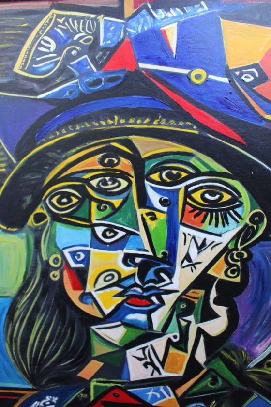 Image 1 of Contemporary Cubist Style Figurative Acrylic Modernistic Painting After Pablo Picasso, Circa 1980