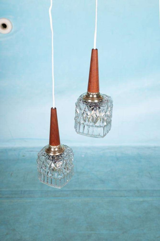 Image 1 of Vintage set of pendant lights glass 60s teak brass & glass pendants