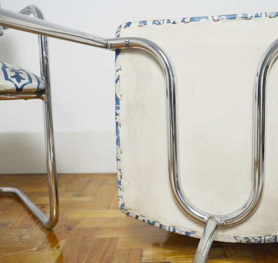 Image 1 of Bauhaus Cantilever Chairs, Portuguese Blue and White Tile Azulejo Upholstery Dining Chairs, Chromed Steel Frame Seating Set of 2