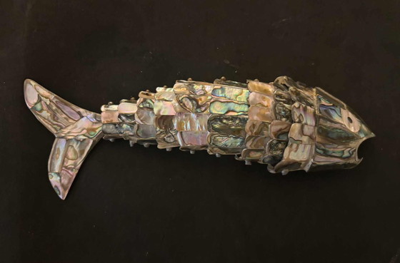 Image 1 of Flesopener met beweegbare vis, Mexicaans vintage, parelmoer, abalone, verzamelbaar barartikel, MCM