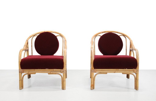 Set of 2 bamboo and rattan armchairs with Bordeaux red Mohair