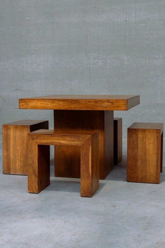 Image 1 of Cubist 1980s dining set table + 4 stools solid wood