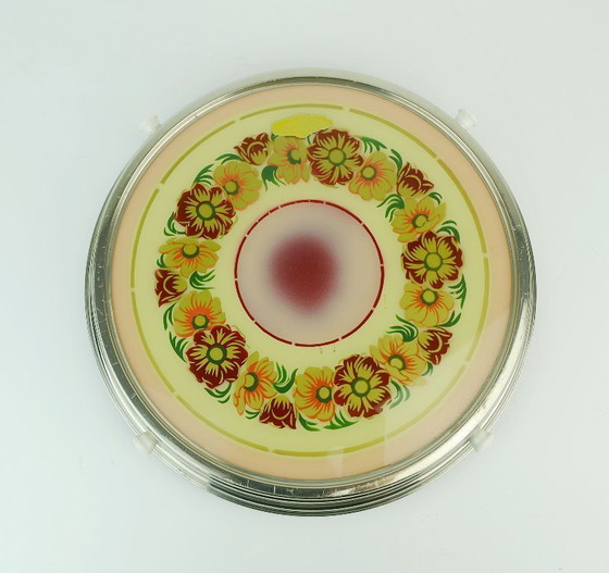 Image 1 of 1930s Rotatable Cake Platter Glass Chrome Cake Plate Floral Decor