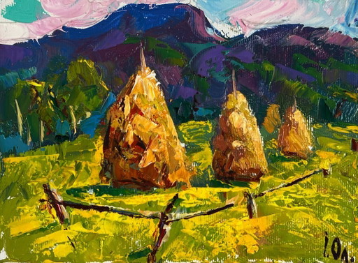 Original Oil Painting Nature Landscape Hills Mowed Hay in the Field