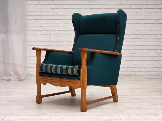 Image 1 of Poltrona danese con schienale alto, anni '70, mobili in lana verde turco, legno massello di rovere.