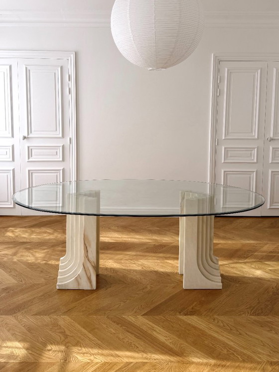 Image 1 of White marble dining table - in the style of Carlo Scarpa's Samo model (1970s, Italy)