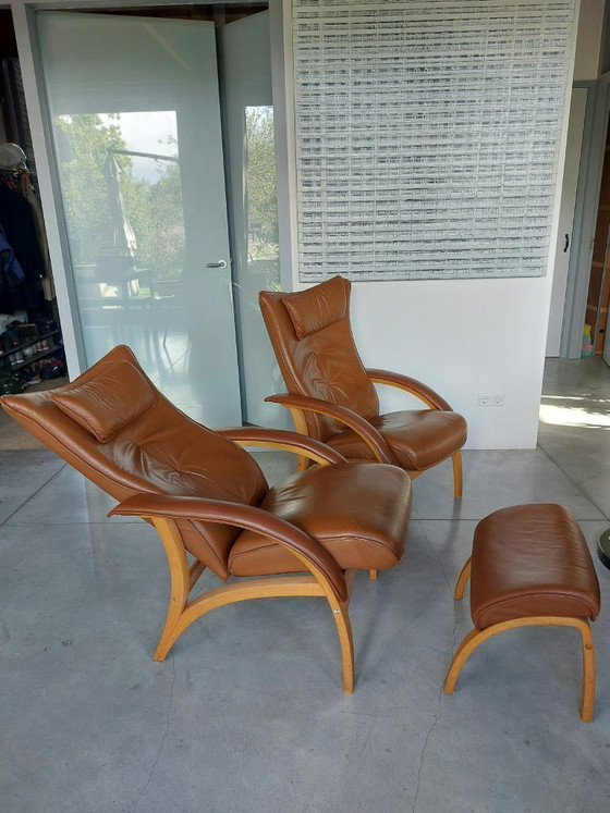 Set of 2 Brunstad Delta Adventure Chairs and Lounge Chairs with 1 Footstool, Leather, Wood, Beige (photo 4 of 12)