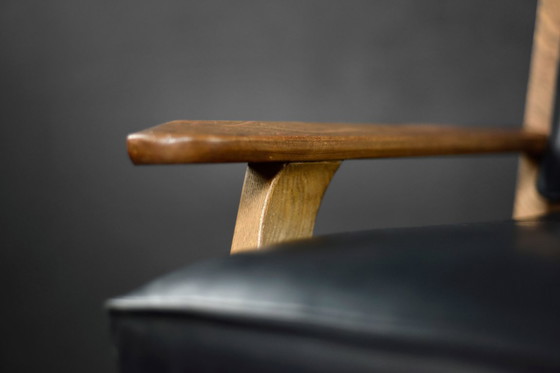 Image 1 of Divano vintage in rovere e pelle nera, stile tedesco moderno di metà secolo, anni '60