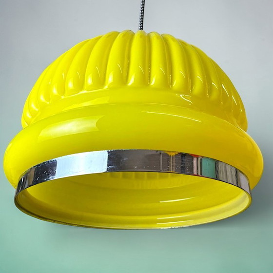 Image 1 of Large Space Age inspired yellow opaline ribbed glass dome hanging light for dining room, 1970s