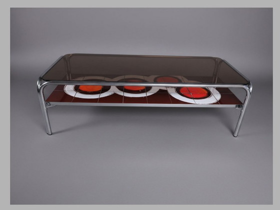 Image 1 of Italian 1970's chrome coffee table with smoked glass & ceramic tiles