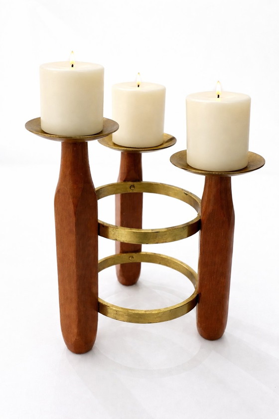 Image 1 of Mid-Century Teak & Brass 3-Light Candelabra – Danish Modern Style – 1960s