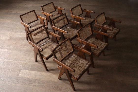 Set van 8 Pierre Jeanneret bureaustoelen van riet, India, jaren 1950. – Eetkamerstoelen, Wood (photo 4 of 20)
