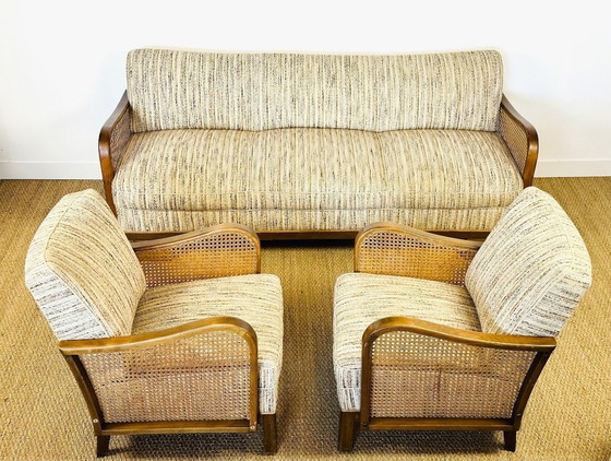 Image 1 of Vintage Art Deco woonkamerset van gebogen hout en riet, 1950, set van 3