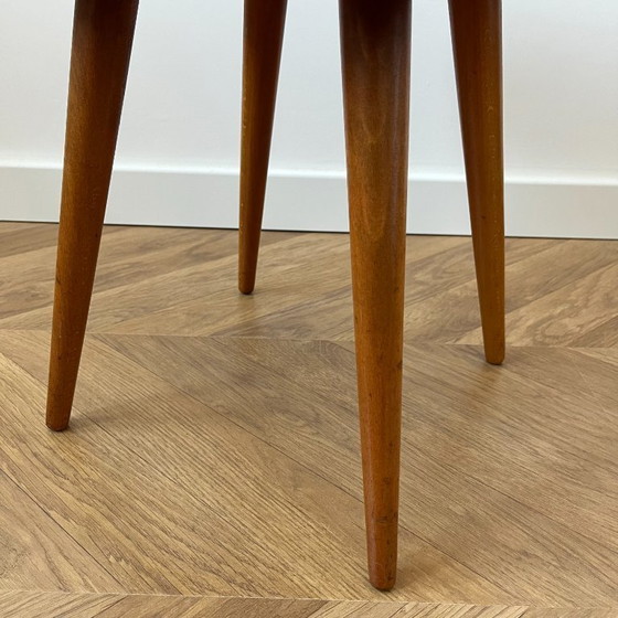 Image 1 of Vintage Polish Footstool: Mid Century Modern Grey Fabric, Wood Legs