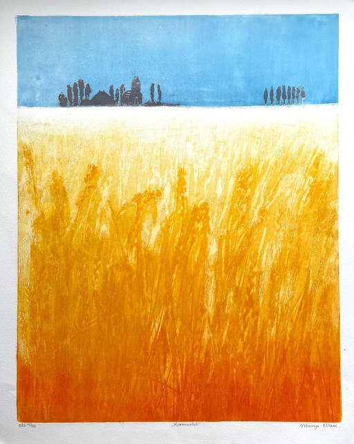 Weizenfeld. Farbradierung von Margo Ellen.