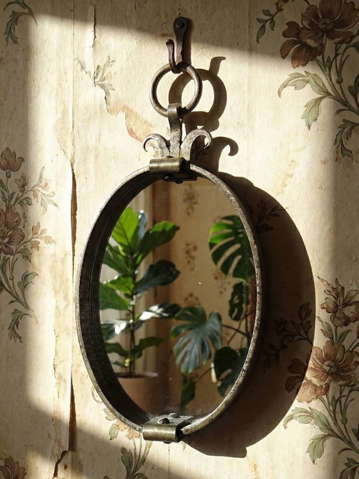 Handcrafted oval wrought iron mirror, mid-century brutalist vintage 1950s-1970s