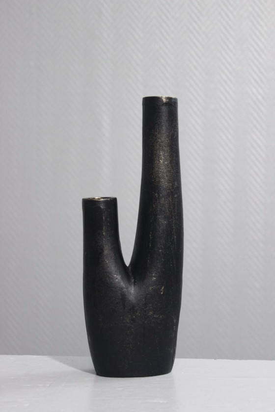 Image 1 of Doppelter Kerzenhalter aus Gusseisen Messing patiniert Brutalistisches Design Organisch 1970s