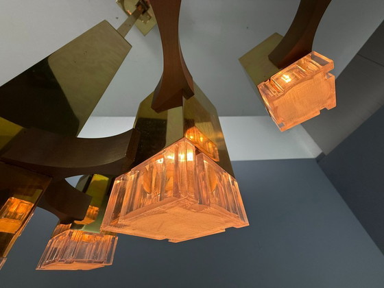 Image 1 of Lustre cubique Sciolari en laiton, édition rare, 17 lumières, Italie des années 1970