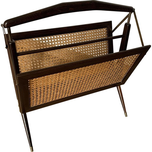 Revistero plegable vintage de caña, madera y latón, 1950