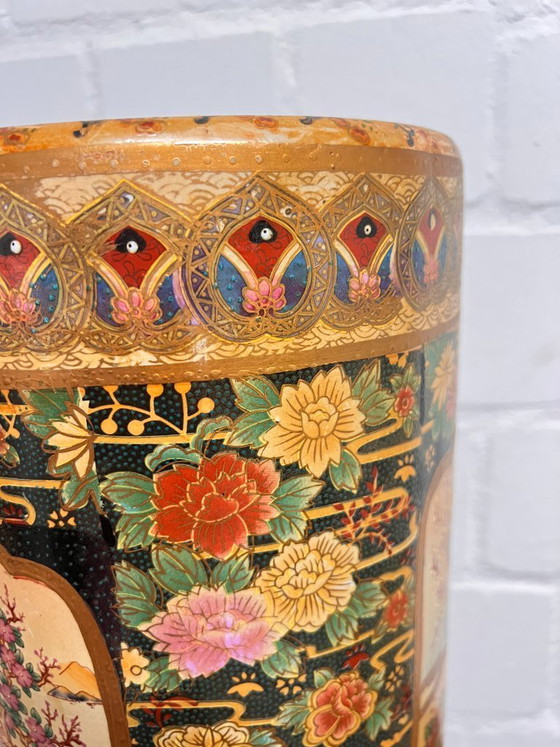 Image 1 of Vintage Satsuma large floor vase umbrella stand Japanese chinoiserie ceramic vase
