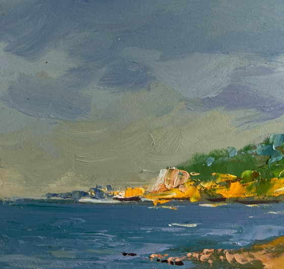 Image 1 of Original Oil Painting Sea Coastal Landscape Silence at the foot of the mountains