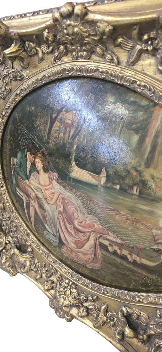 Image 1 of Pair of Oils on Canvas of the 18th Century Romantic Scenes Signed