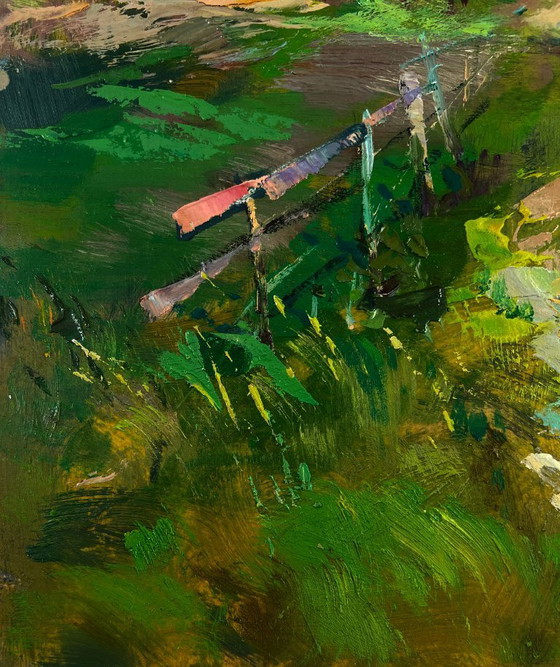 Image 1 of Original Oil Painting Rural Day Landscape Summer Village Life