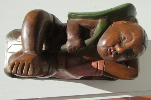 Statuette en bois, Bouddha polychrome