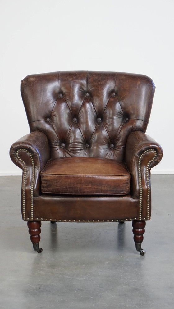 Image 1 of Cognackleurige Bruin Rundleren Chesterfield Fauteuil