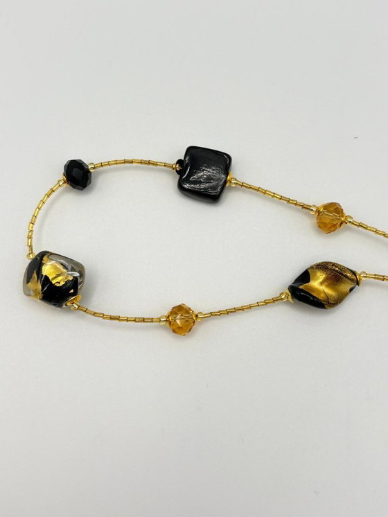 Image 1 of Murano Glass Necklace with Gold Leaf – Black Pearls and Crystal – Venetian Craftsmanship