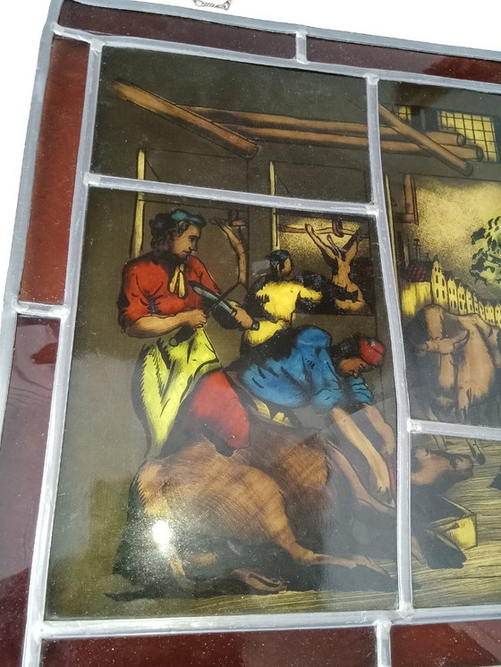 Image 1 of Antiek Glas in Lood Slagers Slachthuis Koeien