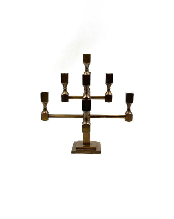 Image 1 of Candélabre sculptural moderne à 9 lumières en laiton massif, Lars Bergsten, Gusum Suède 1992