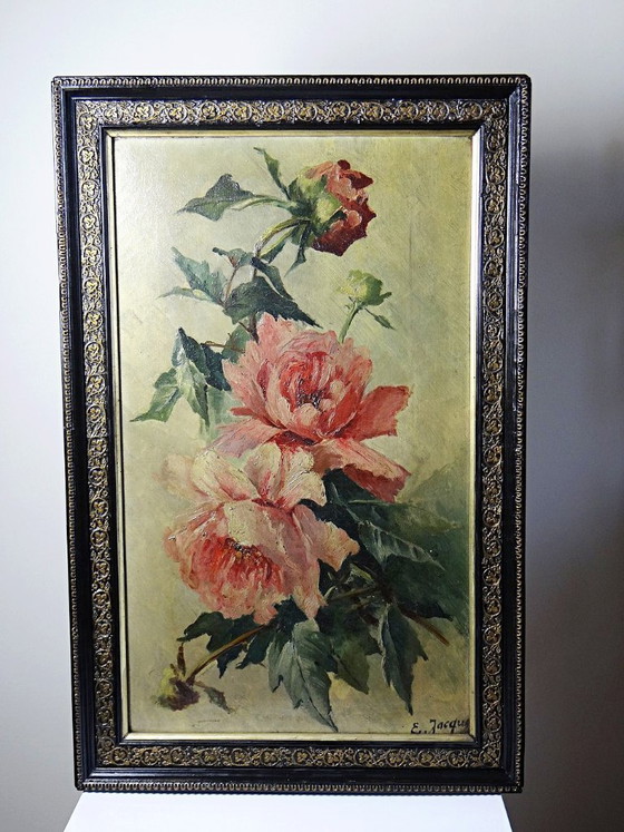 Image 1 of Large antique painting of peonies, signed E. Jacque, late 19th/early 20th century