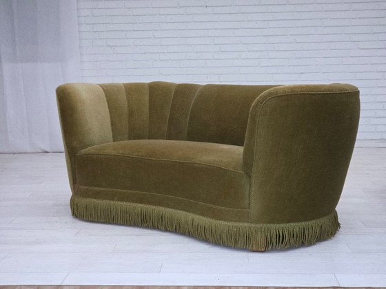 Image 1 of 1960s, Danish 2-seater "Banana" sofa, original green furniture velour.