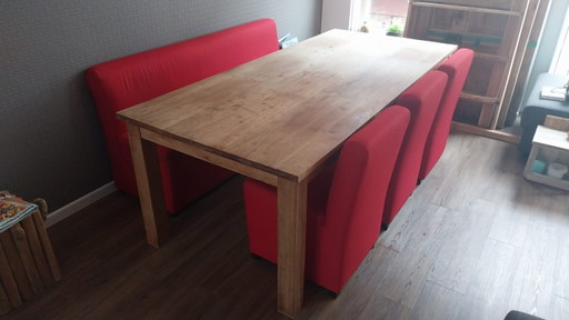 Table à manger robuste en teck (220x100x79 cm) Incluant banc (180x63x84 cm) et chaises (50x63x84 cm)