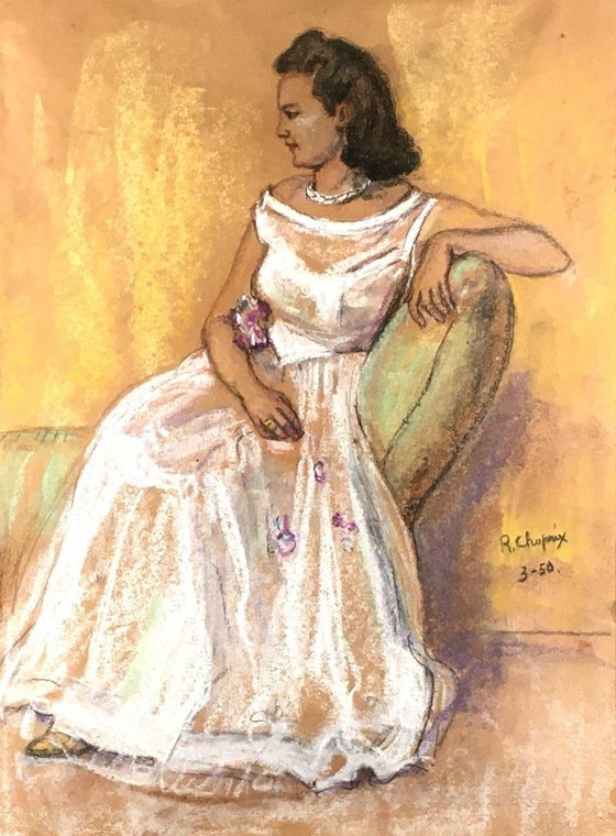 Image 1 of Pastel original signé – Louis-Marie-René Choprix (1888-1972) Femme au sofa, 1950 – Art belge XXᵉ siècle