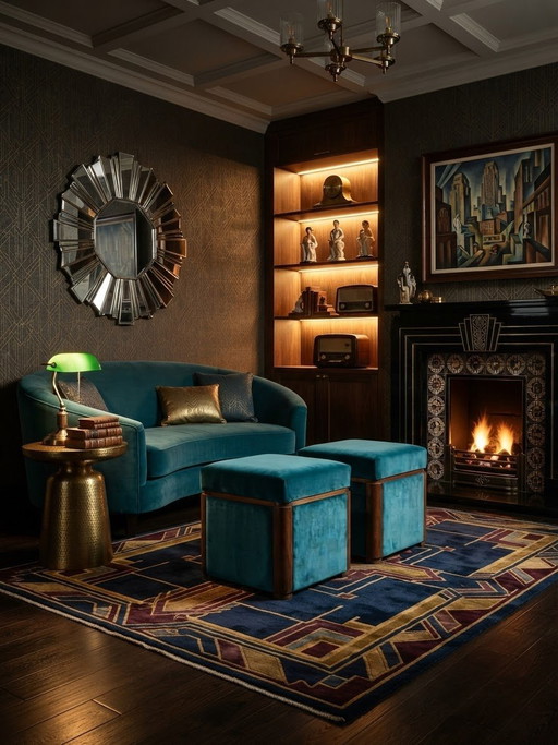 Poggiapiedi Art Déco Ungheresi in Velluto Blu Petrolio con Cornici in Legno, Anni '30, Set di 2