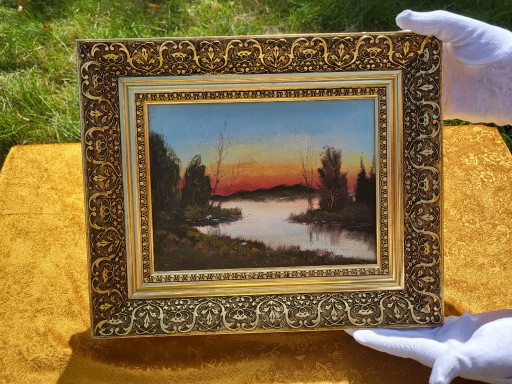 Vintage Ölgemälde, Sonnenuntergangslandschaft, verzierter vergoldeter Rahmen.