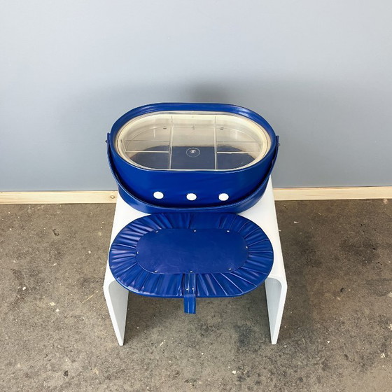 Image 1 of Scatola da cucito vintage, scatola portaoggetti, similpelle blu, anni '70