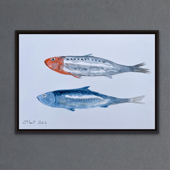 Image 1 of Gesigneerde aquarel. Sardine-thema.