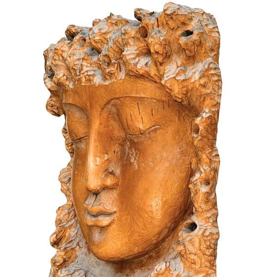 Monumentale Vintage Kwan Yin Muur Beeldhouwkunst – Brutalistisch Houtsnijwerk ca. 1970–1990 – 159 cm – Wood (photo 4 of 11)