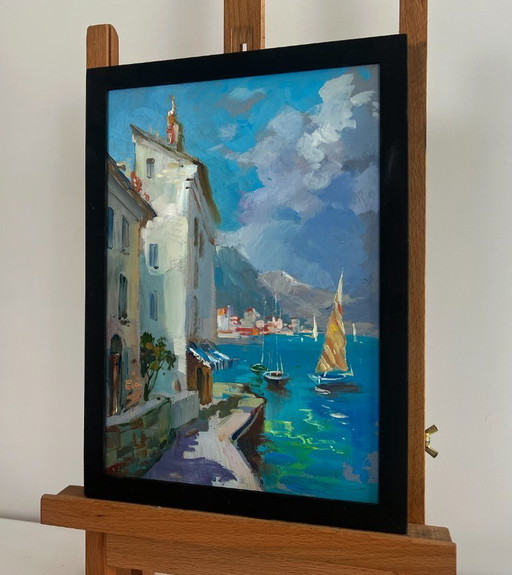 Original Oil Painting Summer City Landscape Sunny days by the sea