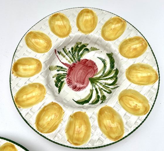 Image 1 of Tres platos de ostras/huevos pintados a mano – Sarreguemines, Francia