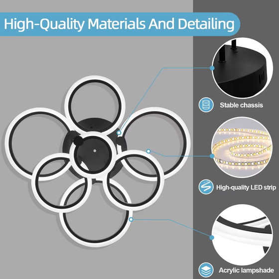 Ceiling light LED 7 Rings Black 48W, Dimmable, Remote Control, Geometrisch (photo 3 of 5)